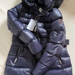 UGG Women's Shiny Navy Quilted Puffer Coat with Faux Fur Trim